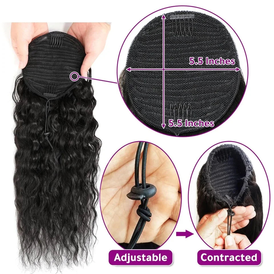 Water wave Brazilian human hair drawstring ponytail extension with corn wave texture for women