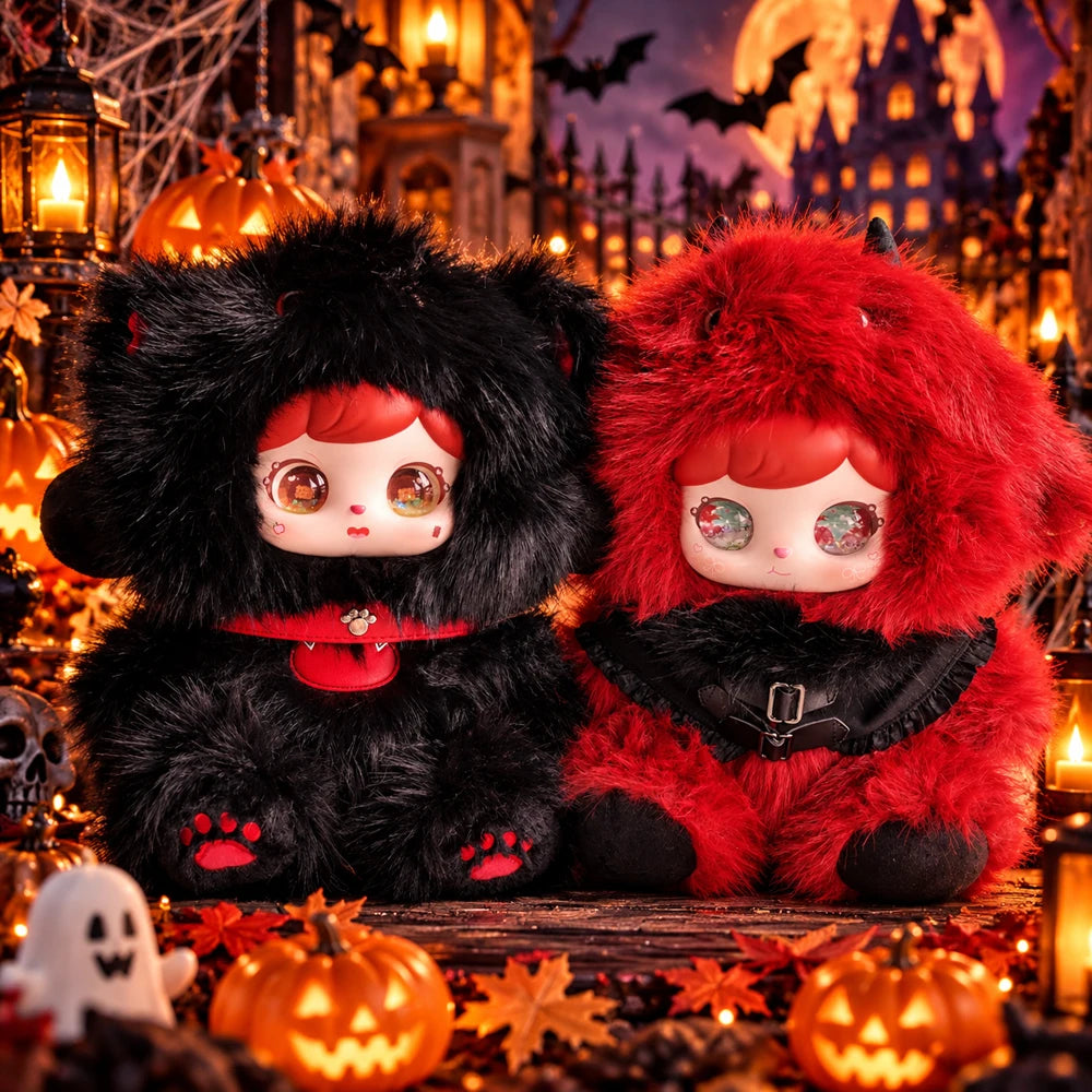 Large Halloween gothic bunny plush doll collectible in a blind box, soft fluffy kawaii character figure