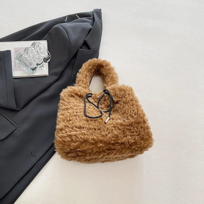 Leftside 2026 winter faux fur small tote bag with curly fluffy fur, drawstring top handle, shoulder bag, women’s handbag.