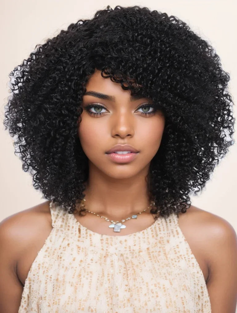 Short kinky curly Brazilian Remy human hair bob wig with bangs, highlights, and 200% density