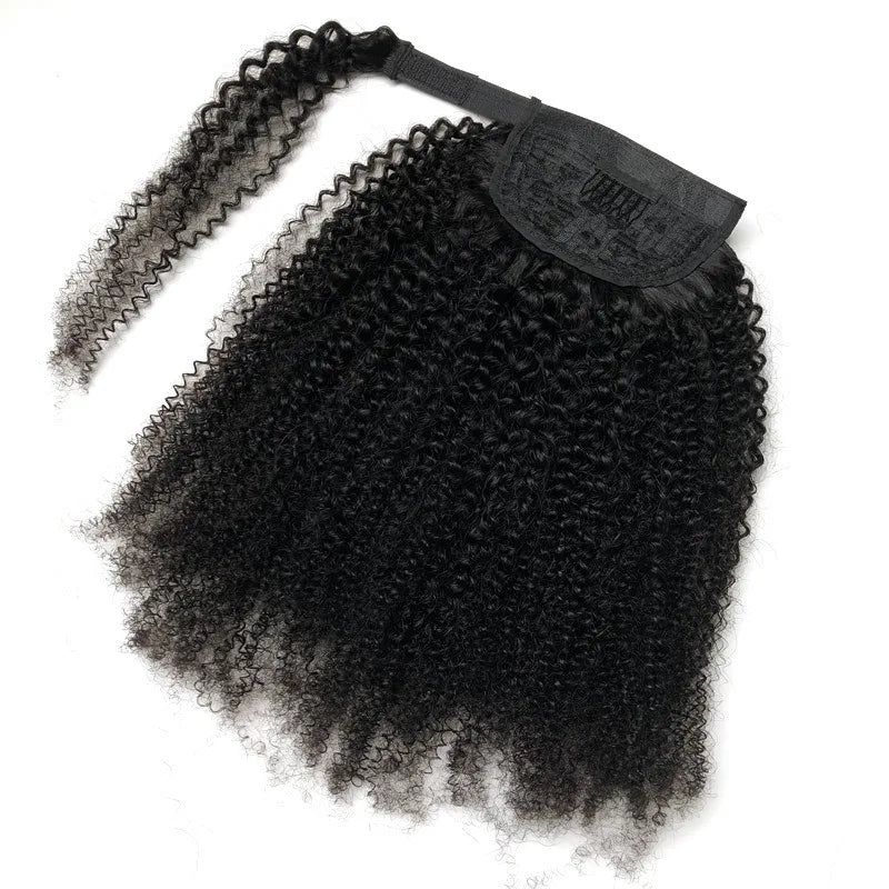 Mongolian Afro Kinky Curly Human Hair Wrap Around Ponytail Natural Color Clip Ponytail Extension Hair For Women 10-22 Inch