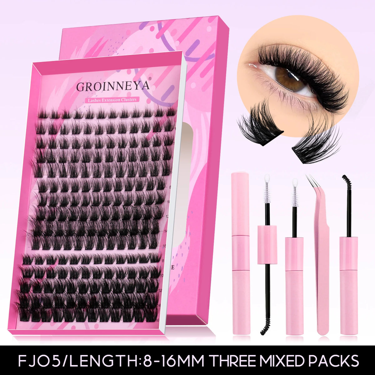 GROINNEYA fluffy 3D mink faux lash clusters kit with bond and seal for makeup application