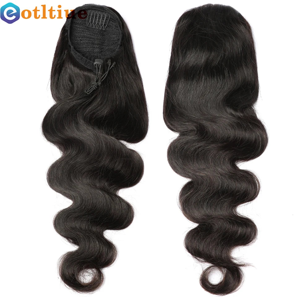 Natural black Brazilian human hair body wave drawstring clip-in ponytail extension for women