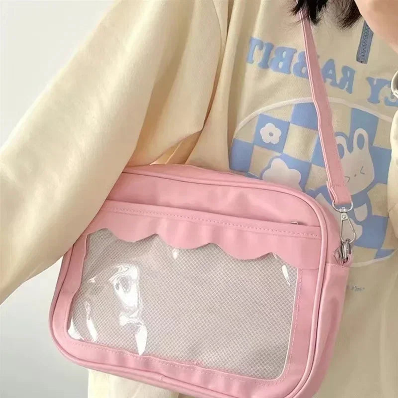 Japanese Harajuku Ita Bag for women, transparent PU crossbody handbag with pockets, styled for high school uniforms and JK fashion.
