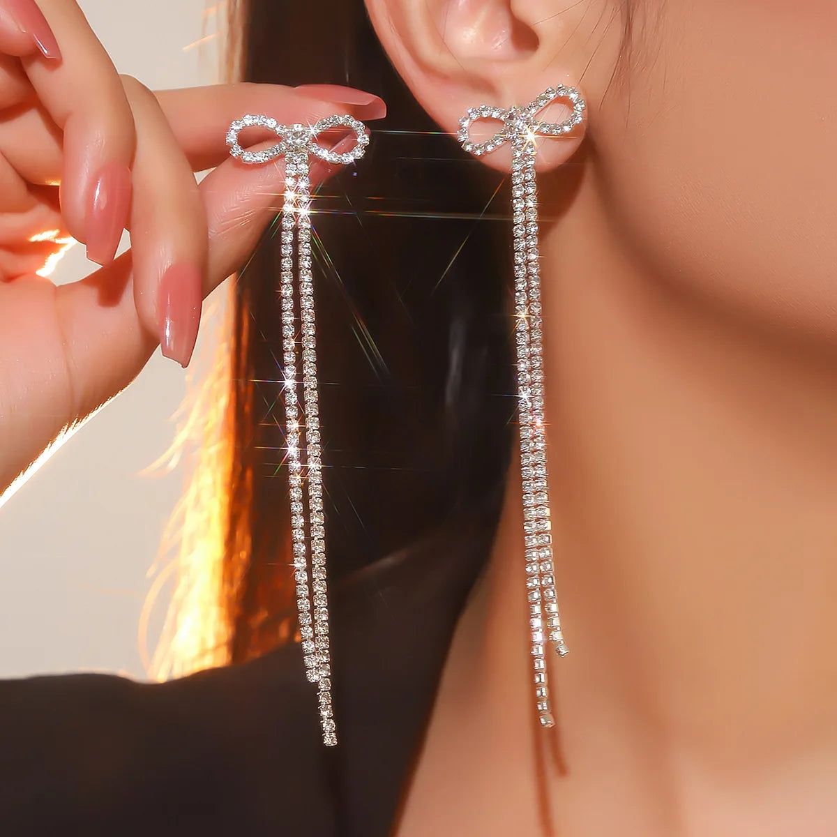 Luxury bowknot drop earrings with sparkling crystal tassels for women, HSF Marketplace jewelry