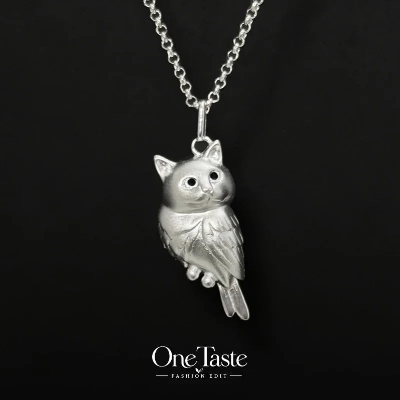 Golden silver textured 3D owl necklace pendant for women, featuring a cute animal design, dainty jewelry without chain.