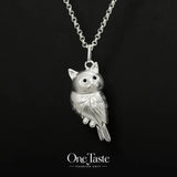 Golden silver textured 3D owl necklace pendant for women, featuring a cute animal design, dainty jewelry without chain.