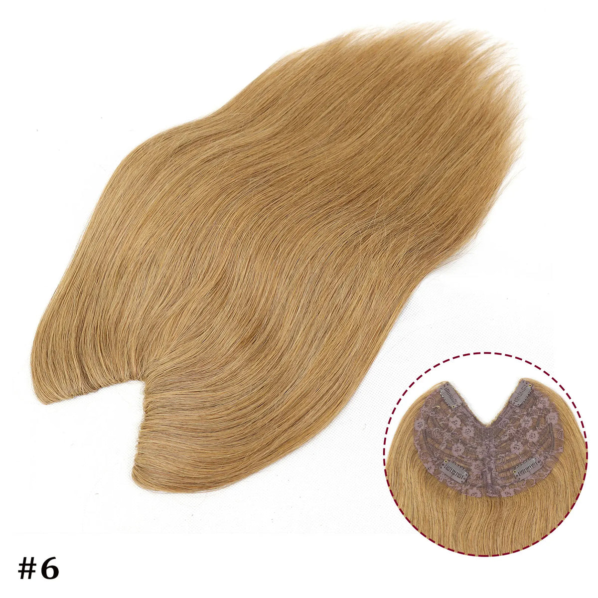 V-shape clip-in human hair extensions with brown-blonde highlights, straight Brazilian Remy hair, 16-inch topper