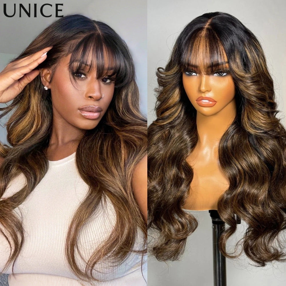 Balayage highlights loose wave human hair wig with bangs, natural-looking layered style