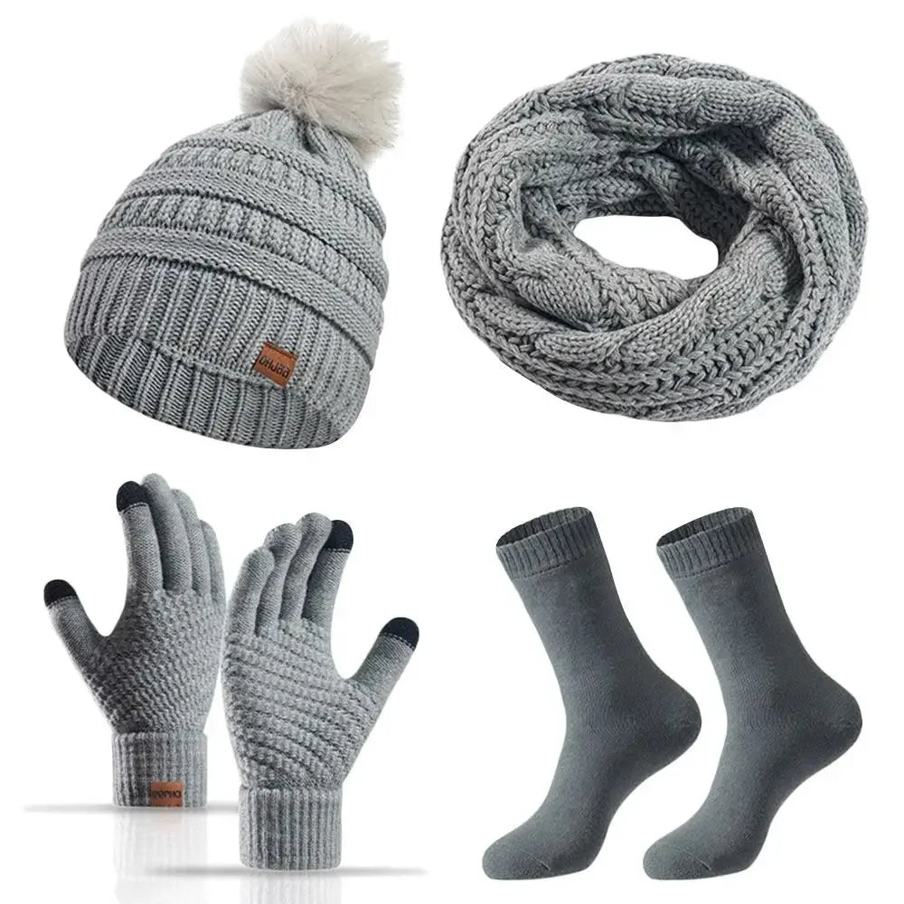 Women’s winter hat, scarf and gloves set with faux fur ball by HSF Marketplace