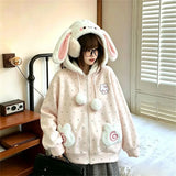 Kawaii rabbit ear zip-up hoodie for women, plush and cozy K-culture apparel
