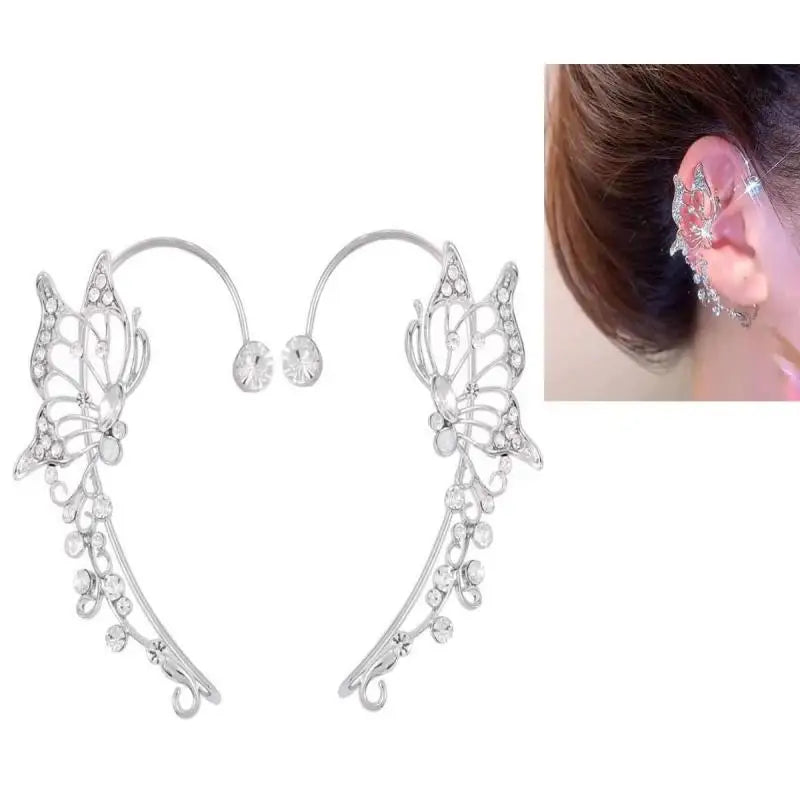 Korean elf butterfly ear cuff with sparkling zircon crystal, non-piercing clip earring for women
