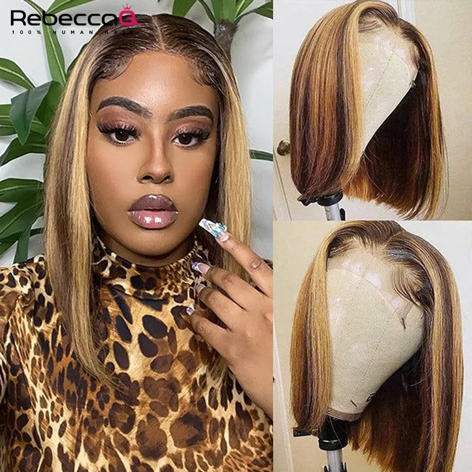 Ginger brown lace front human hair wig with short bob cut, reddish brown color, Brazilian Remy hair, glueless style from HSF Marketplace