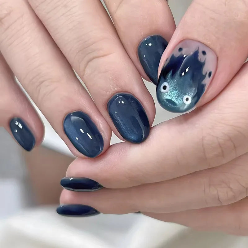 24-piece Y2K gradient blue French press-on false nails with gold moon star designs, almond shape by HSF Marketplace