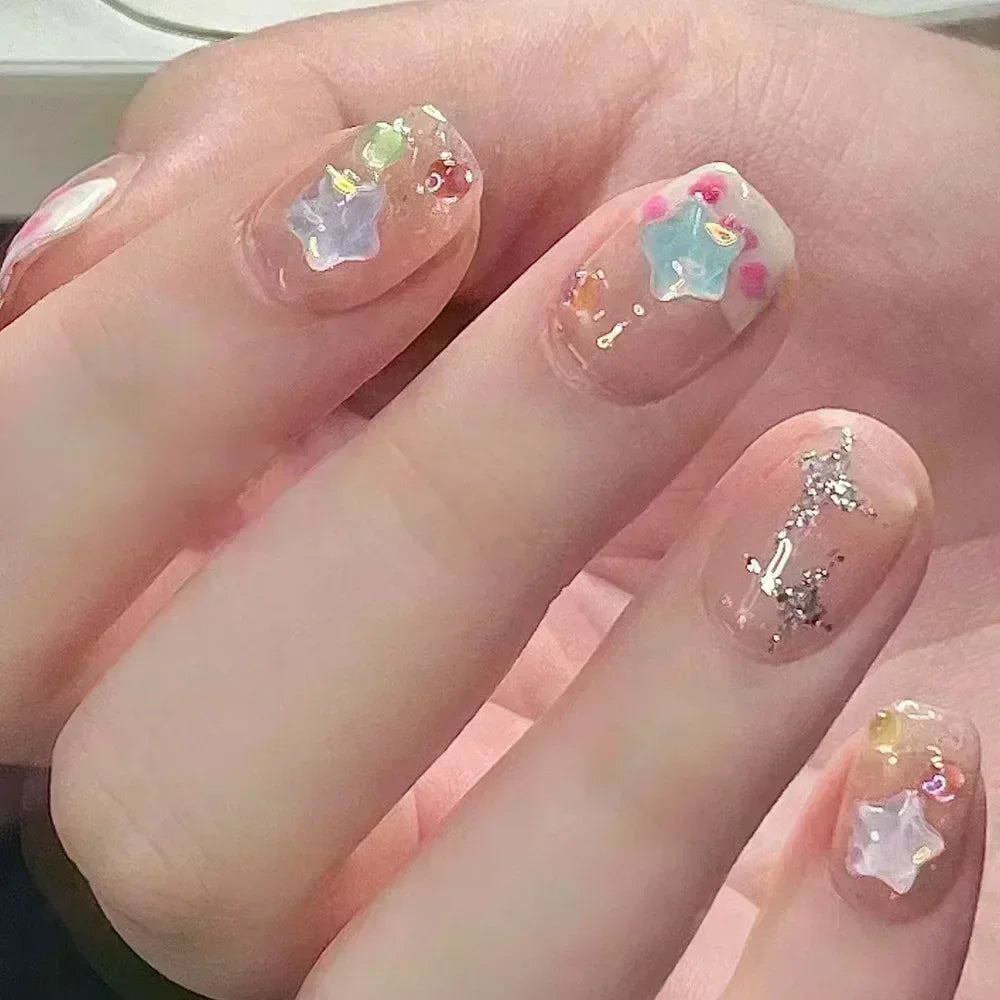 HSF Marketplace 24-piece short square false nails with white French tips, glitter stars, rhinestones, cat eye and bows