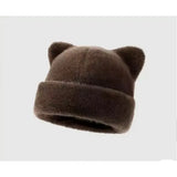 Women's leopard print plush teddy bear hooded beanie hat, thick warm retro design