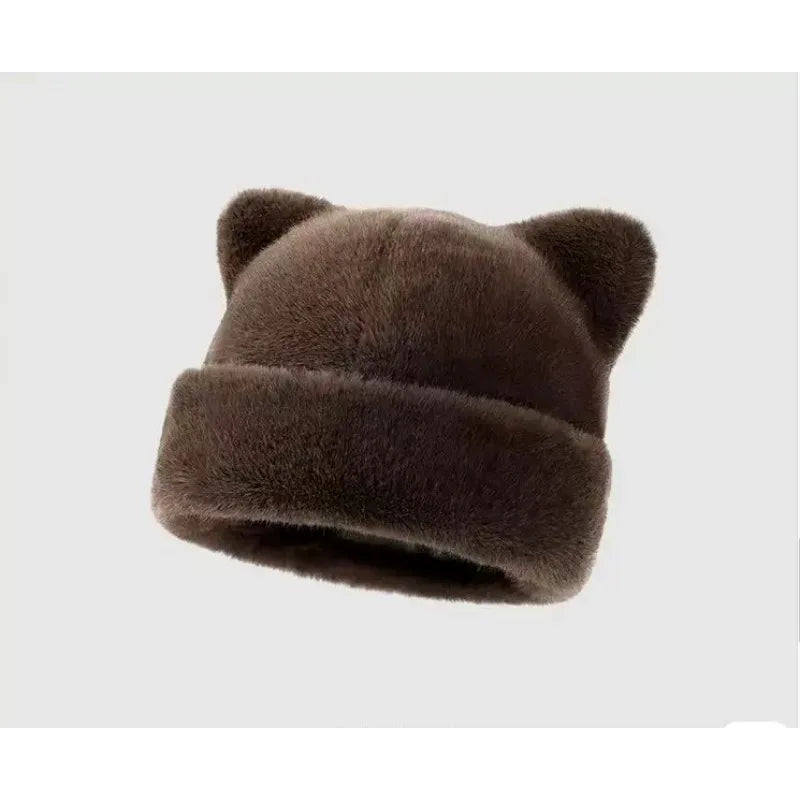 Women's leopard print plush teddy bear hooded beanie hat, thick warm retro design