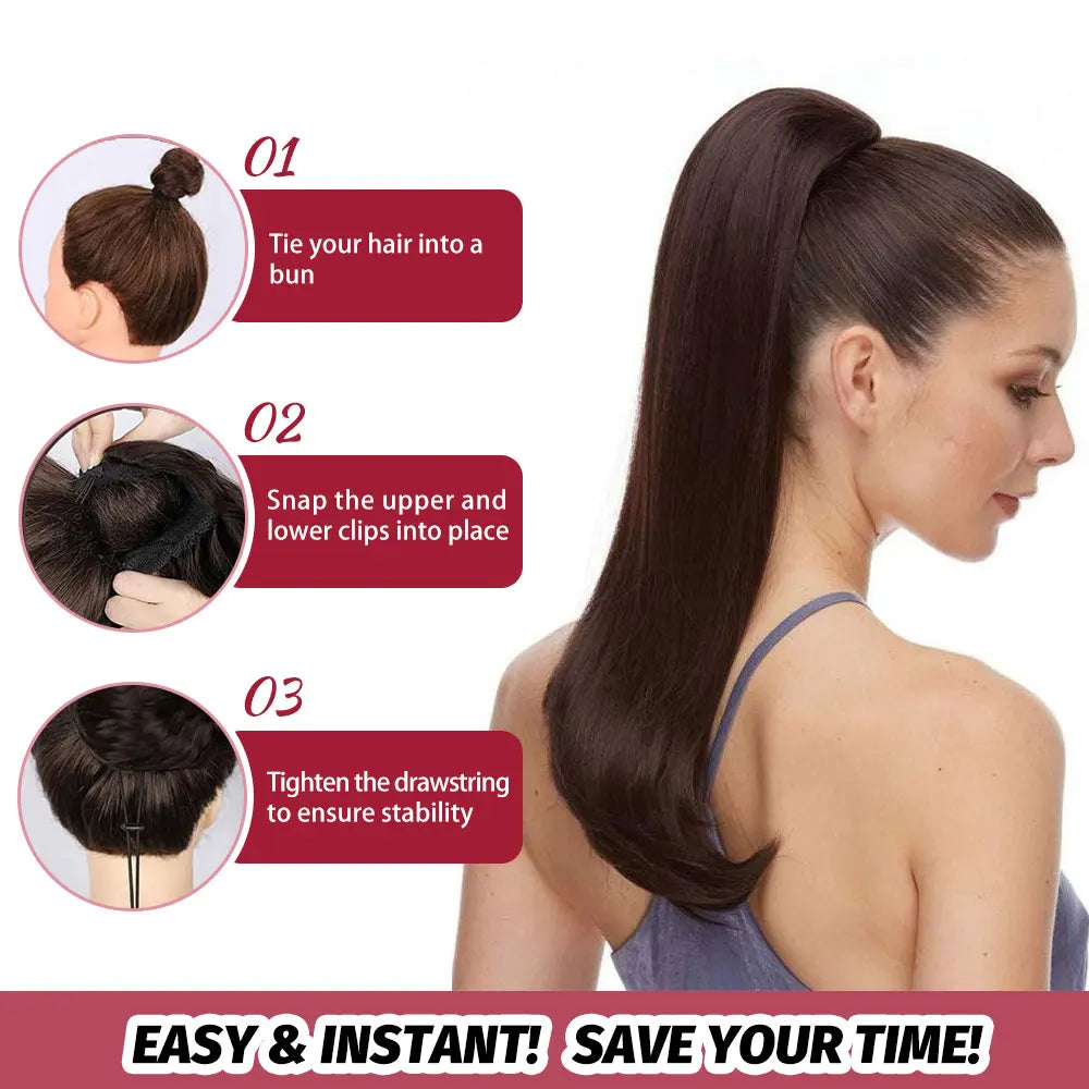 28-inch synthetic body wave drawstring ponytail with ombre brown and blonde highlights, heat-resistant hair extension