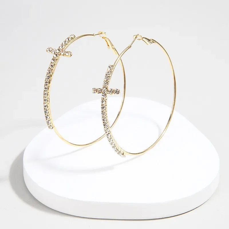 Shiny large circular cross hoop earrings for women with rhinestones, geometric jewelry by HSF Marketplace