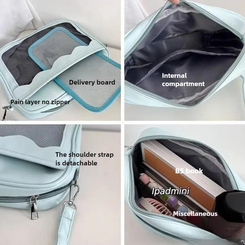 Japanese Harajuku Ita Bag for women, transparent PU shoulder bag with pockets, featuring high school girl uniform style, crossbody design.