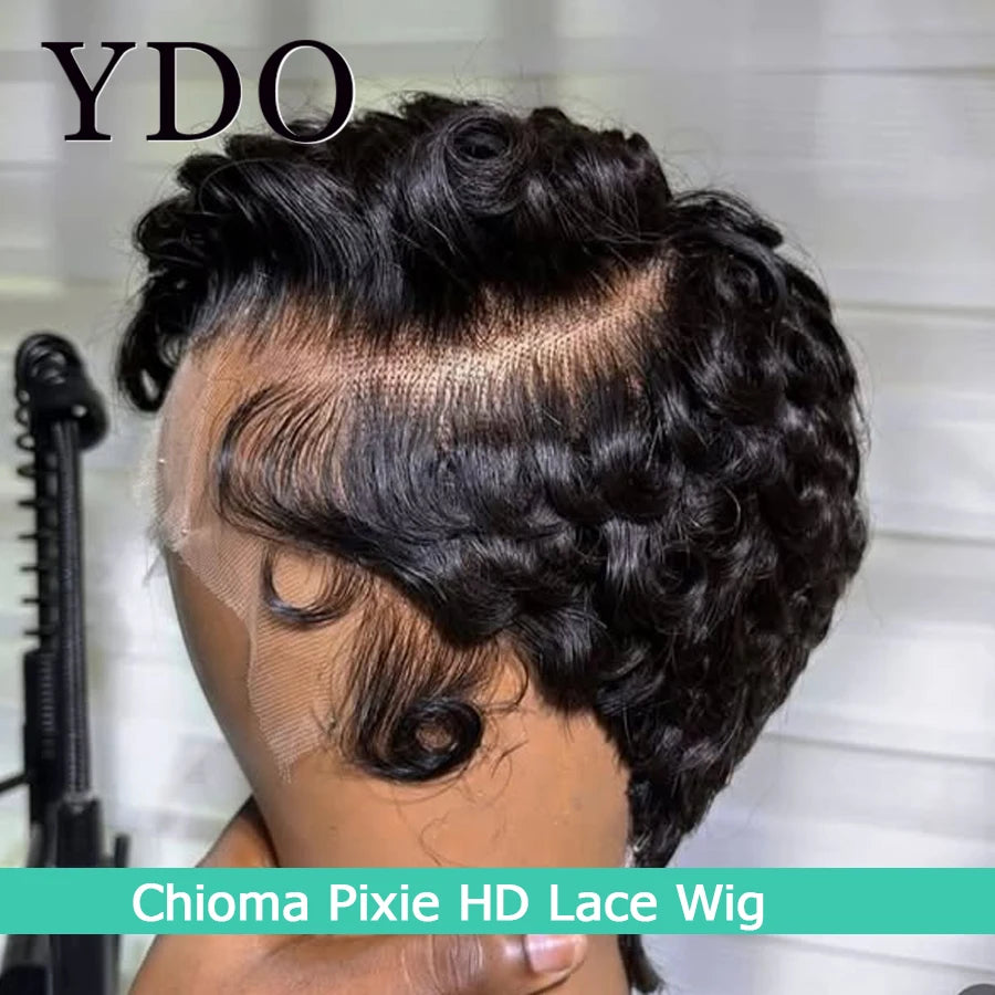 Chioma curly pixie human hair wig with 5x5 HD lace closure, glueless drawstring and short bob cut