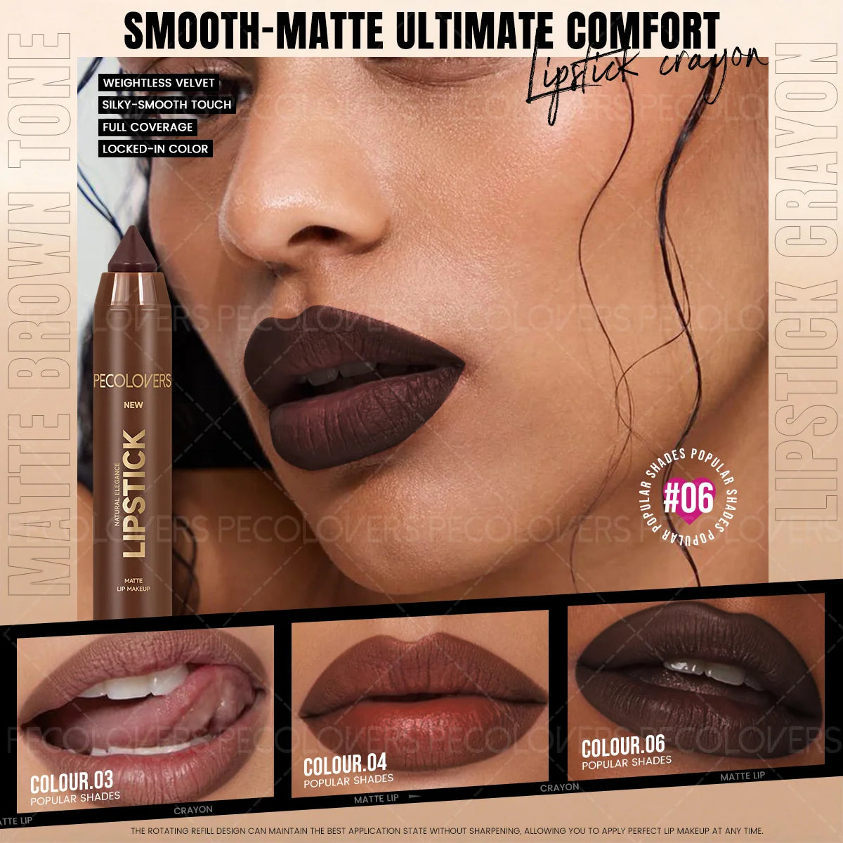 Set of 6 waterproof matte lipstick pencils with contour tint, long-lasting, non-stick lipliner pens for all skin types, beauty makeup.