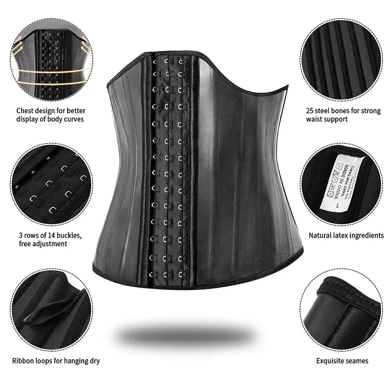 Red latex waist trainer corset with 25 steel bones, adjustable straps, and slimming body shaper design for women