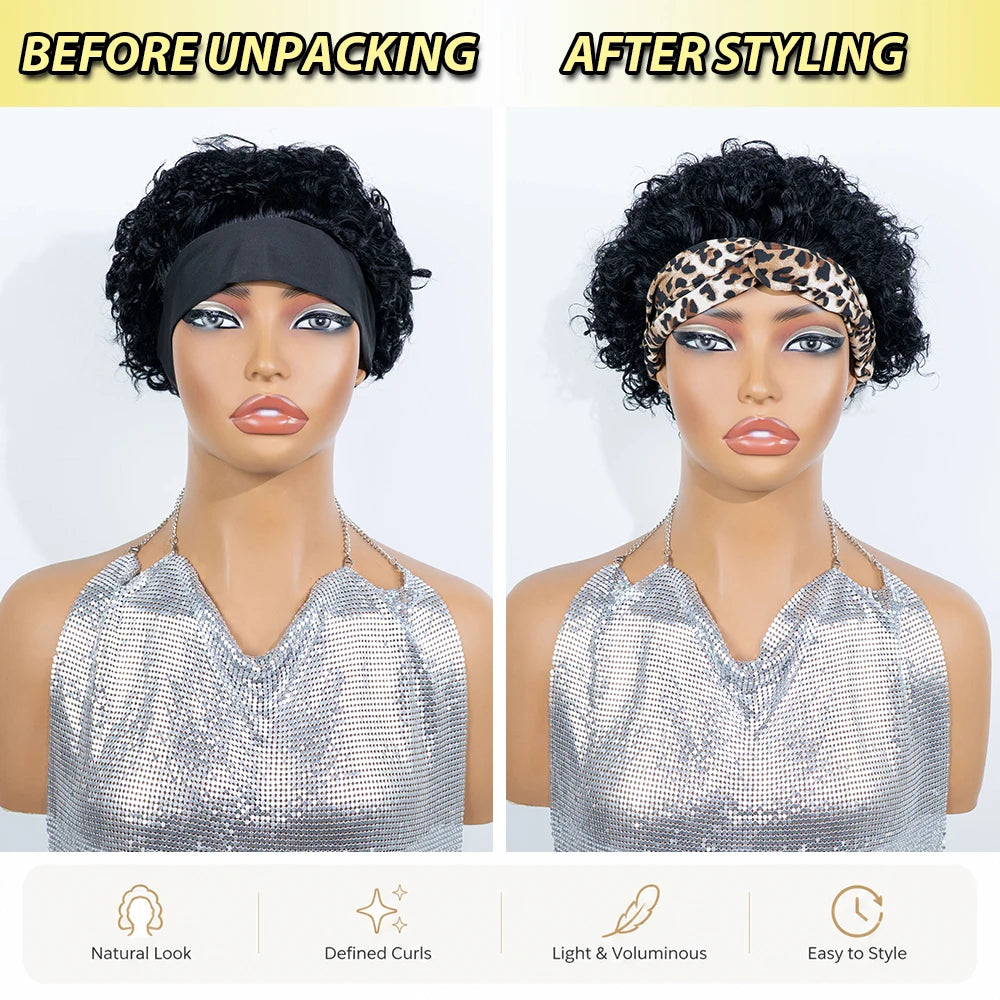 Jet black kinky curly human hair wig with leopard print twist headband, short tight afro curls and natural scalp appearance