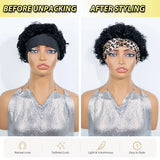Jet black kinky curly human hair wig with leopard print twist headband, short tight afro curls and natural scalp appearance