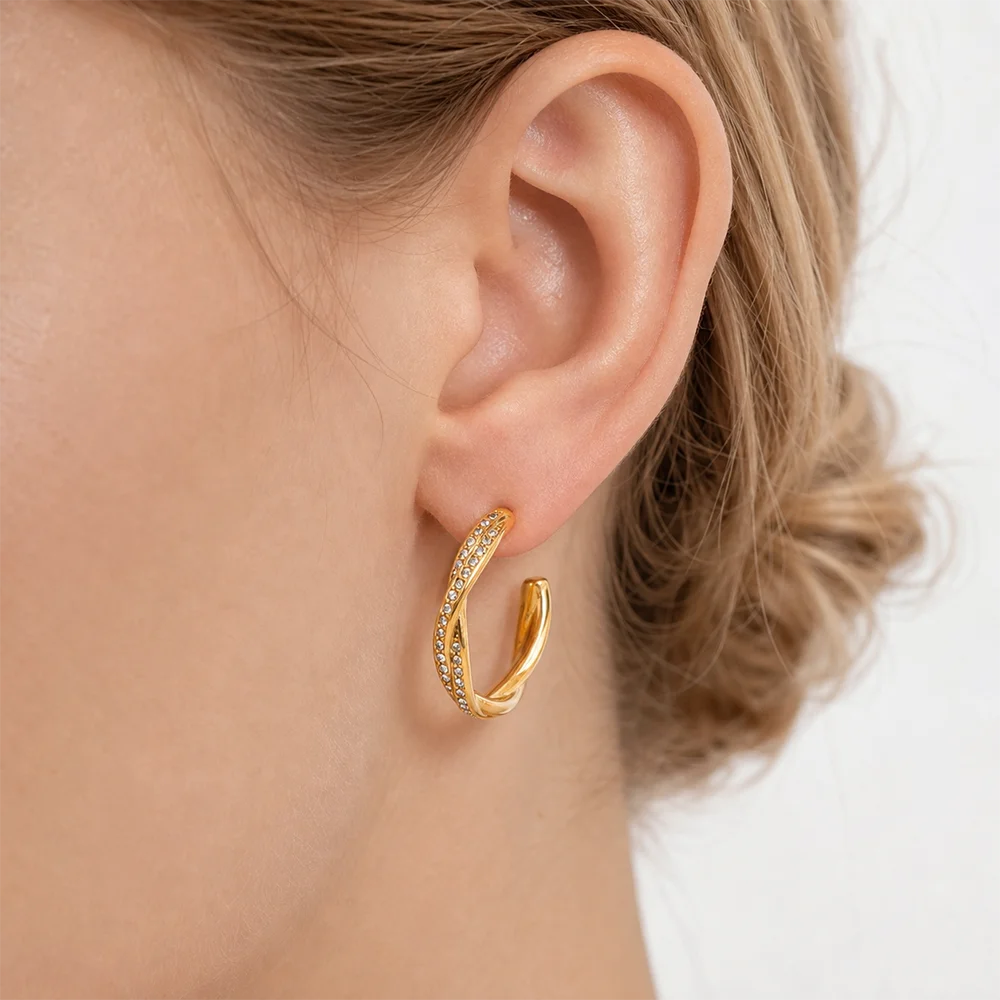 18K gold plated C-shaped zircon hoop earrings for women by HSF Marketplace