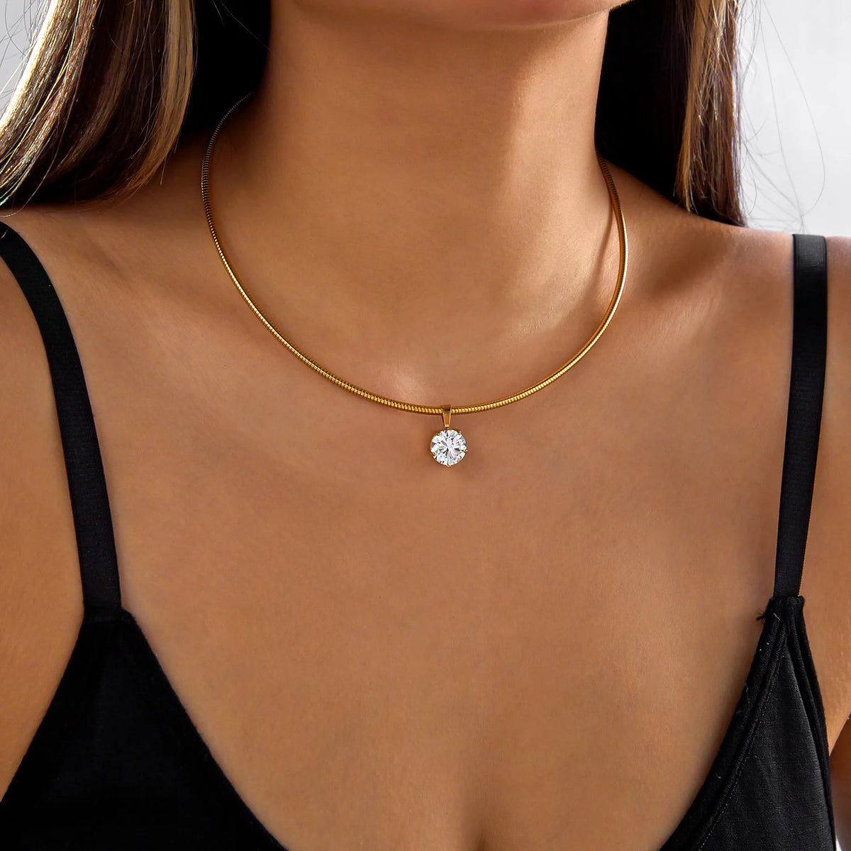 Dainty gold plated cubic zirconia stainless steel choker necklace for women, waterproof daily jewelry, perfect for parties or gifts.