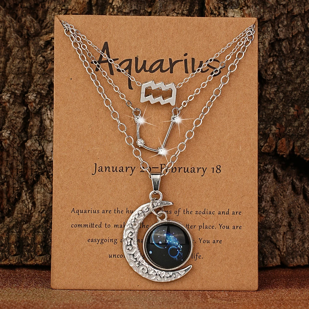 Set of three zodiac retro moon glow pendant necklaces with birthstone cards, perfect birthday jewelry for best friends.