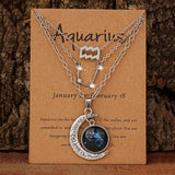 Set of three zodiac retro moon glow pendant necklaces with birthstone cards, perfect birthday jewelry for best friends.