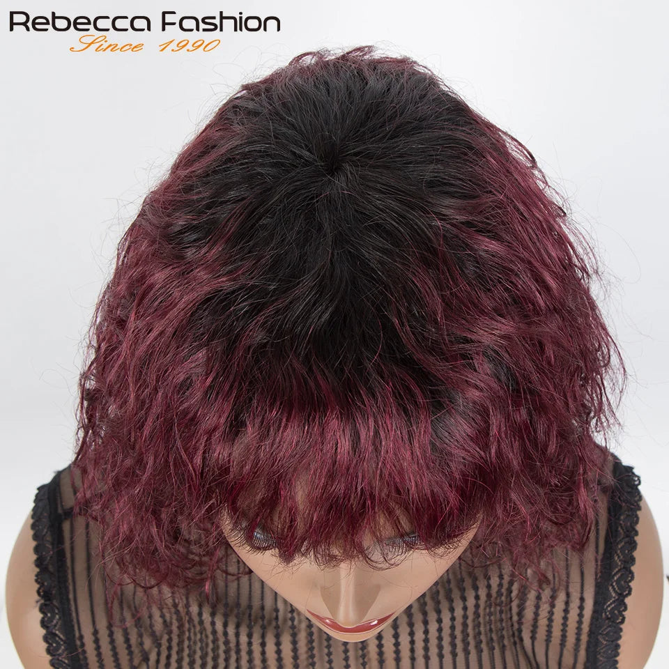Short curly Brazilian Remy human hair wig by HSF Marketplace with water wave texture and natural-looking bob style.