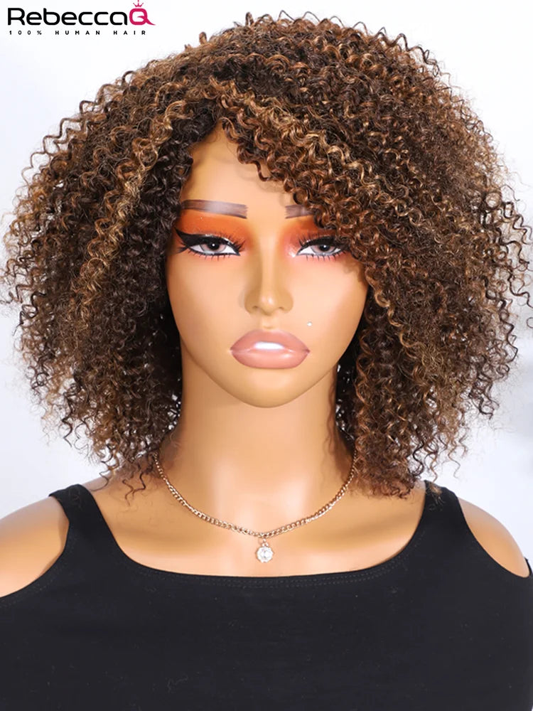 Highlight short kinky curly bob wig for women, Brazilian Remy human hair with bangs and 200% density, easy-to-wear style.