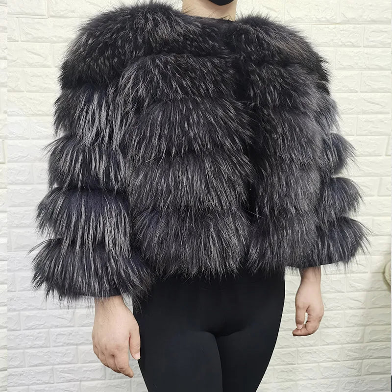 Women's luxury thick real raccoon fur coat in plus sizes by HSF Marketplace
