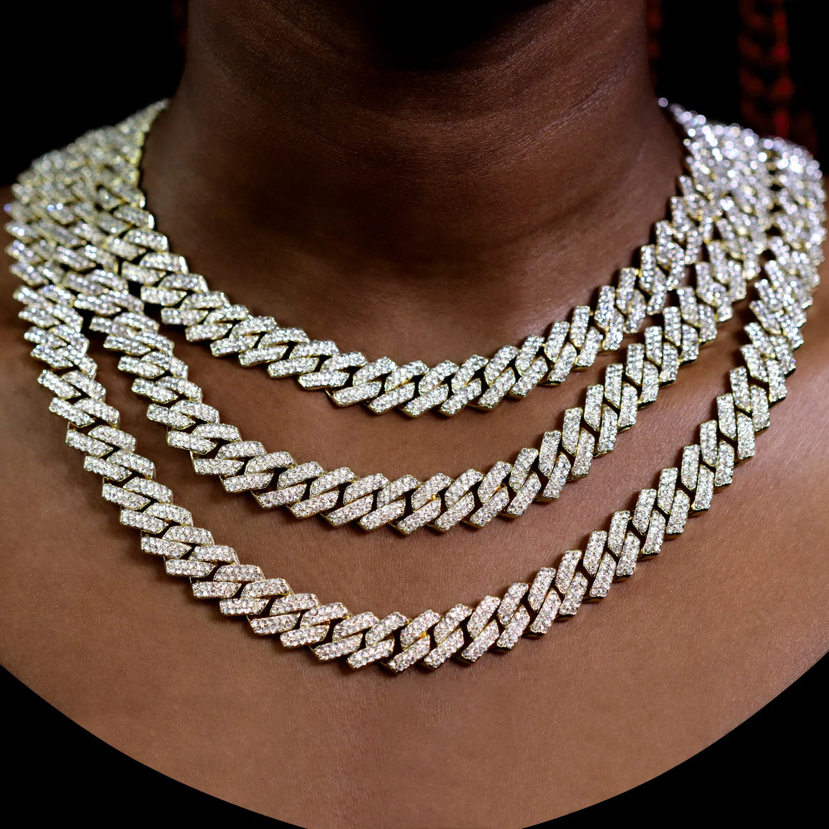 Gold color Cuban link chain with rhinestones, 2-row hip hop jewelry necklace for women and men, 16 to 24 inches long.