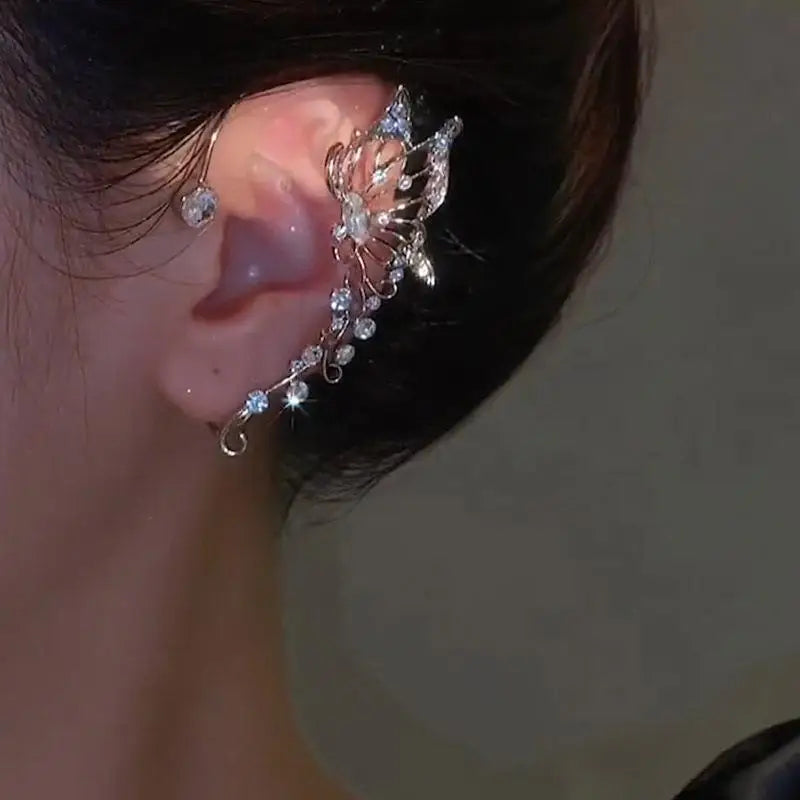 Korean elf butterfly ear cuff with sparkling zircon crystal, non-piercing clip earring for women
