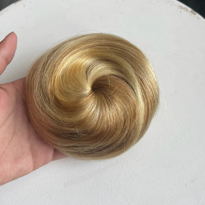 Brown-blonde 6-inch human hair drawstring bun wig with flexible chignon ponytail hairpiece for thinning hair