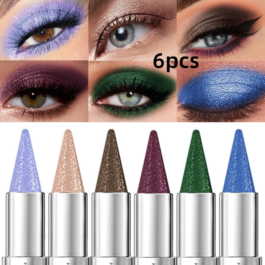 6-piece metallic brown and blue waterproof eyeshadow pen set with glitter and pearlescent shades for smoky eye makeup
