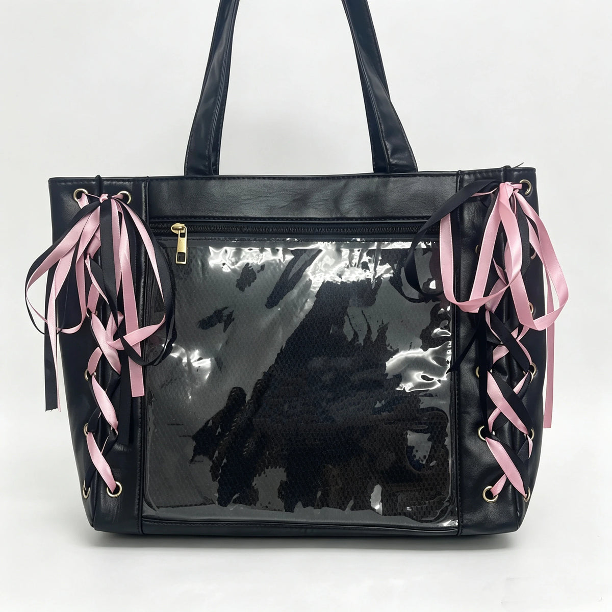 Cute Japanese ribbon ita bag, aesthetic transparent tote handbag with clear display window by HSF Marketplace