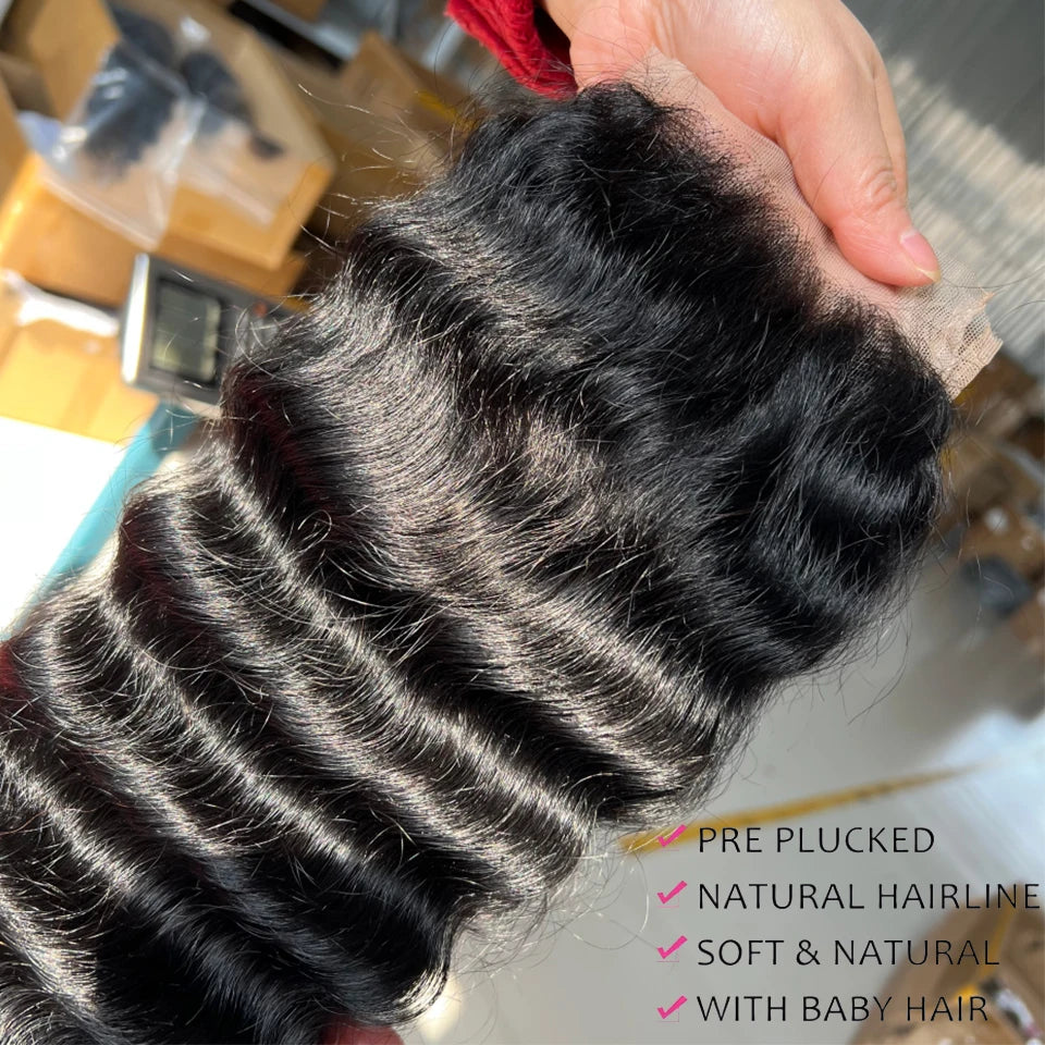 Loose Deep Wave Human Hair Bundles With Closure 4x4 13x4 HD Transparent Lace Frontal And 3/4 Bundles Unprocessed Raw Double Weft Virgin Human Hair Extensions Weaves Brazilian Remy Hair Bundles Deals For Women Daily Use Birthd