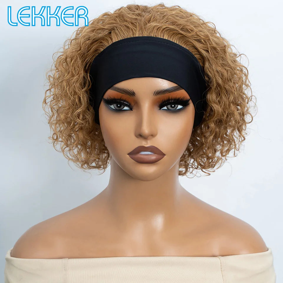 Short curly pixie bob human hair wig, Brazilian Remy hair, full machine-made glueless headband wig for women