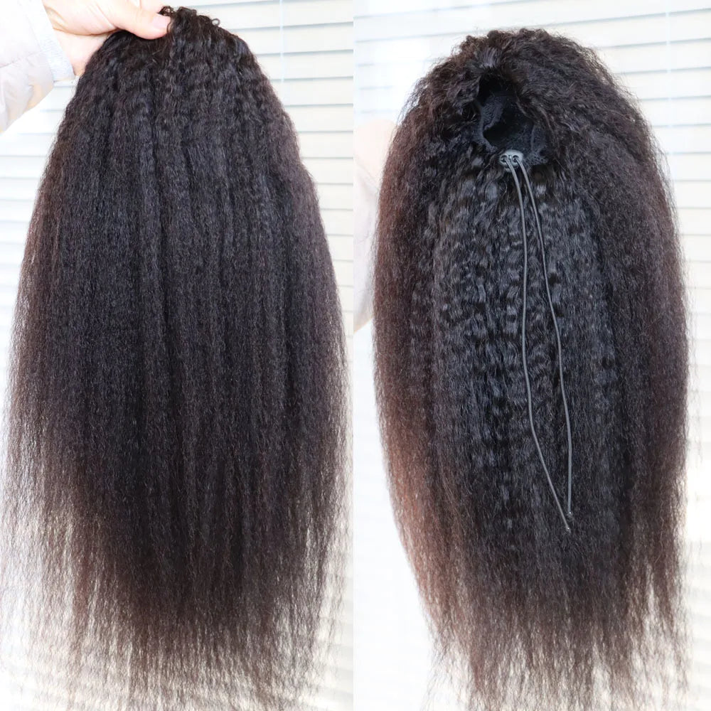 Kinky straight coarse yaki virgin Remy human hair drawstring ponytail with curls for Black women