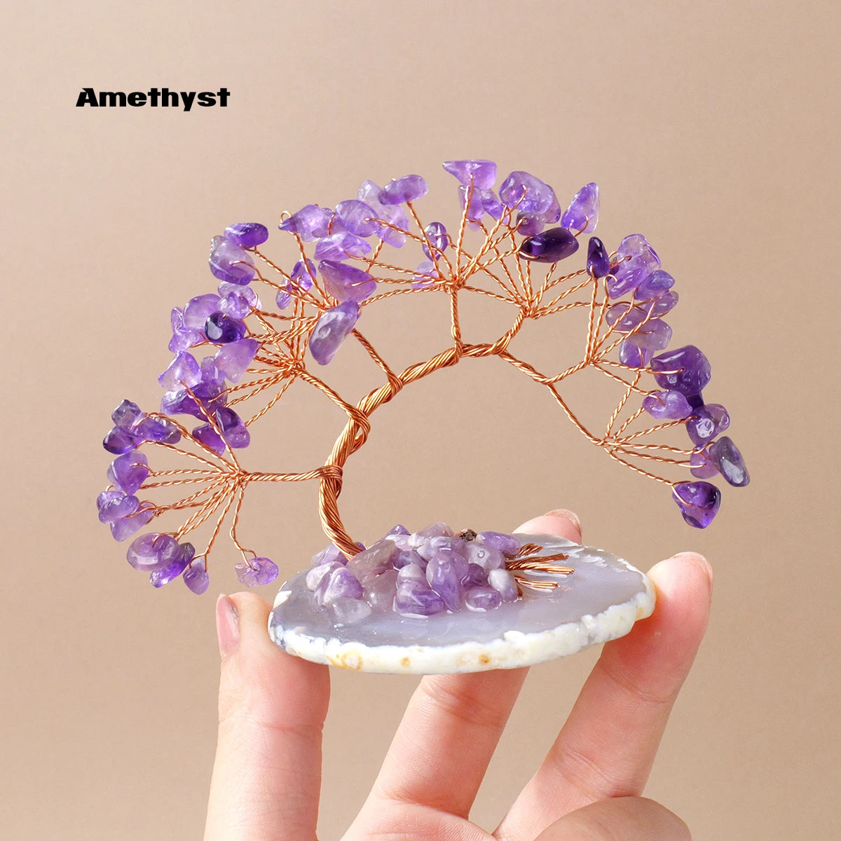 1pc Natural Crystal Lucky Tree Copper Wire Winding Amethyst Gravel With Agate Slice Base Home Decoration Money Trees