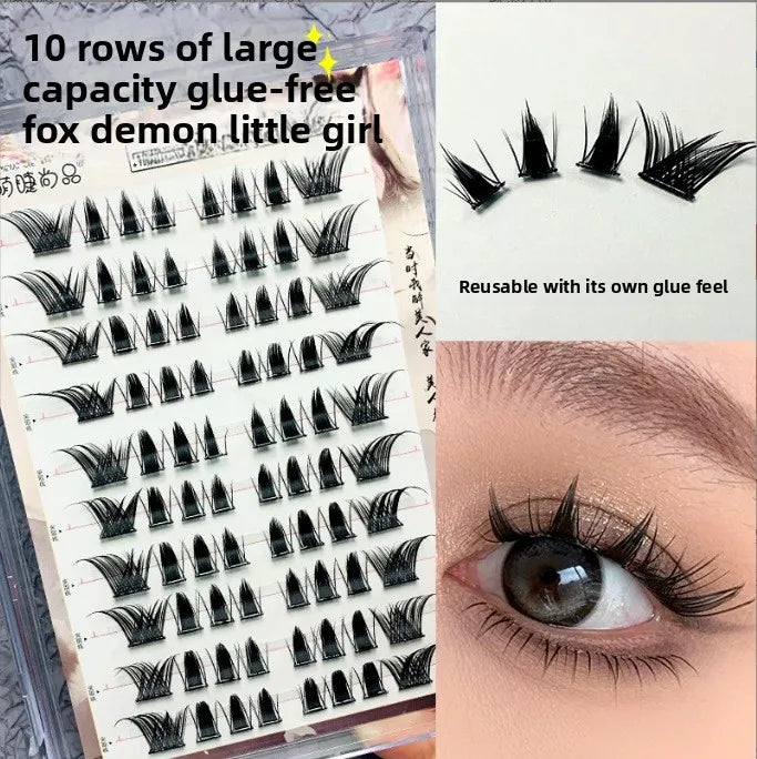 No Glue Self-Adhesive False Eyelashes - Dramatic Volume Natural Wispy Winged Fox Eye Manga Style Fluffy Cat Eye Lashes 7-12mm