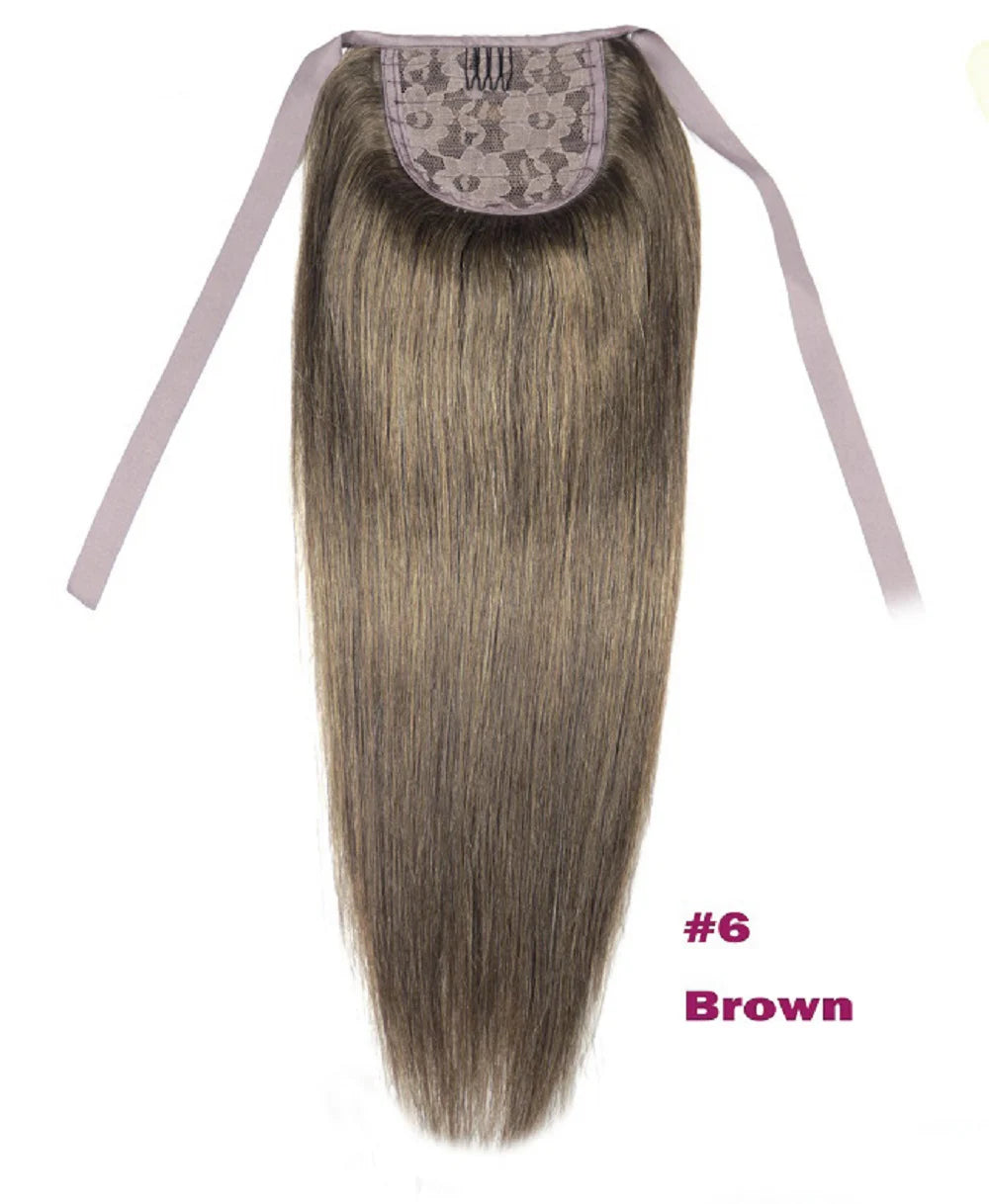 Chocola 16-18 inch 60g Brazilian Remy straight human hair ribbon ponytail clip-in extension