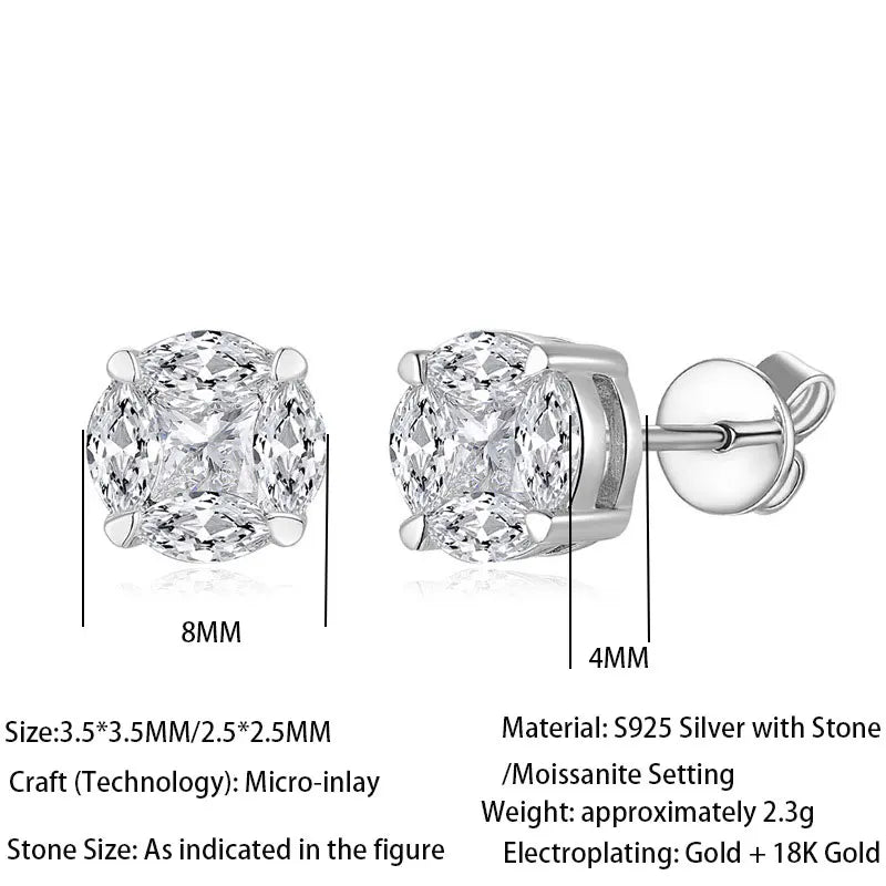Moissanite stud earrings in rhodium-plated S925 silver, 8mm round design
