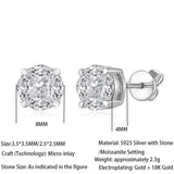 Moissanite stud earrings in rhodium-plated S925 silver, 8mm round design
