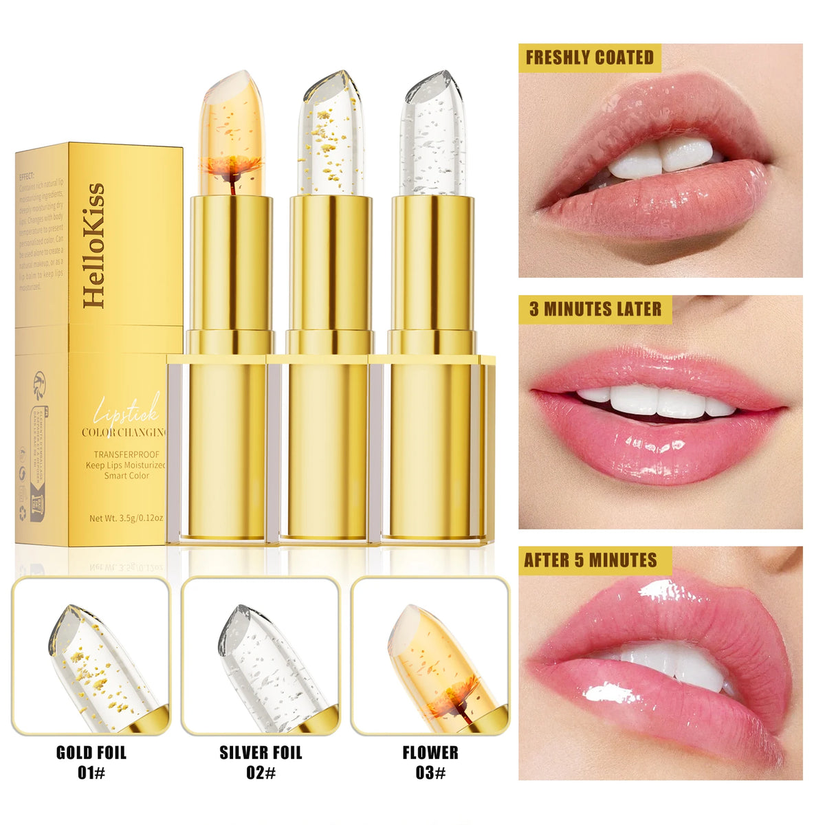 Color-changing flower lipstick by HSF Marketplace with transparent, waterproof, moisturizing crystal jelly design and pearlescent finish.